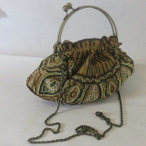 VTG Gold Satin Fabric Purse with Sequins and Beads Handbag with Kiss Lock Clasp